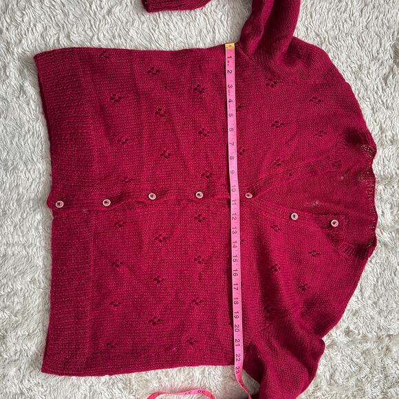 Gorgeous Handmade Knit Berry Red Wool Cardigan Pointelle Fits like Medium - Picture 7 of 10